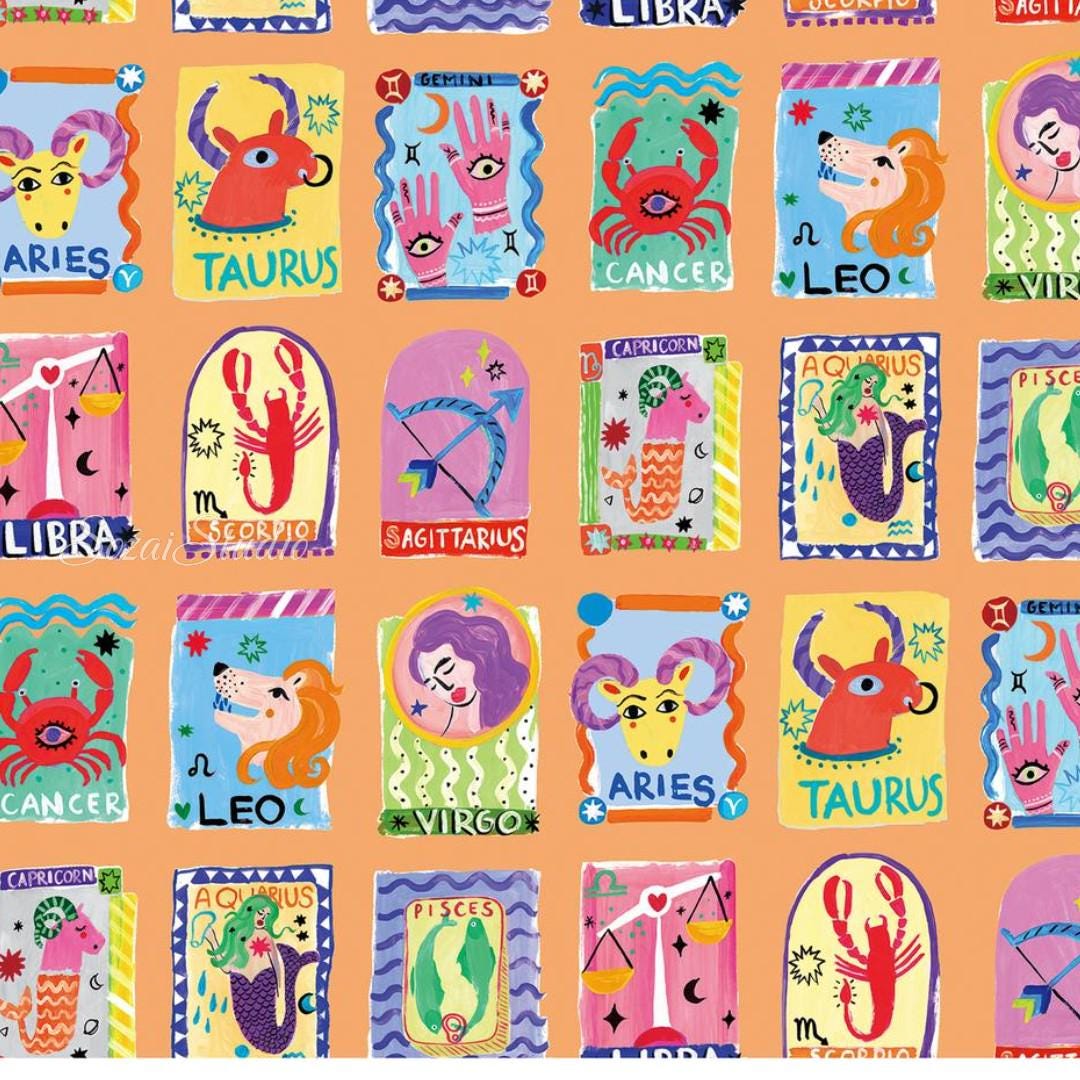 Japanese Zodiac Cotton Digital Print Fabric: Orange, by the yard