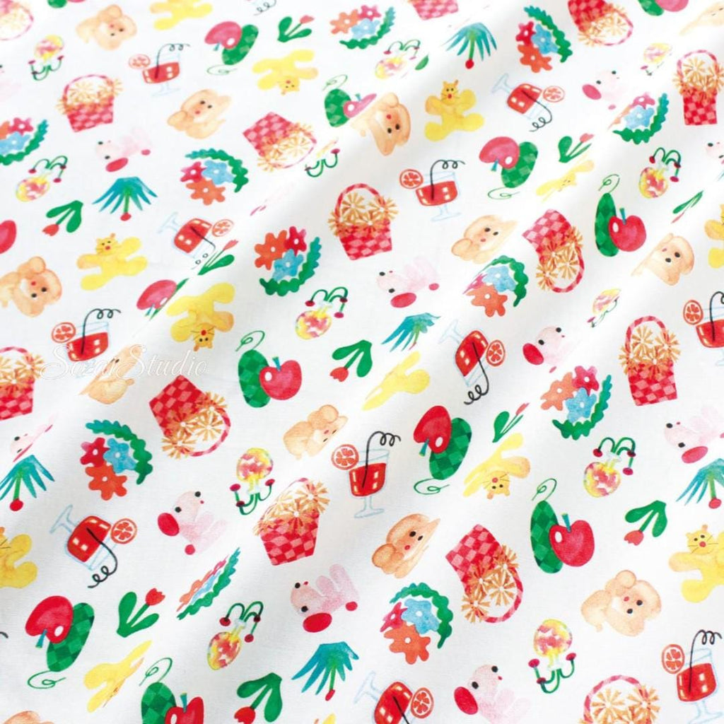 Japanese fabric - Retro style Picnic dog, White - 100% Cotton Printed Sheeting, by the yard