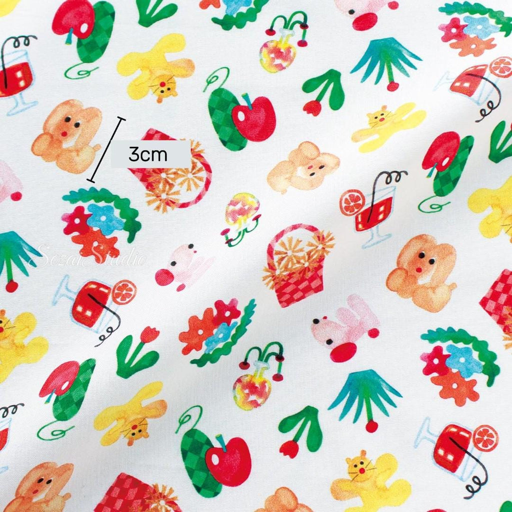 Japanese fabric - Retro style Picnic dog, White - 100% Cotton Printed Sheeting, by the yard