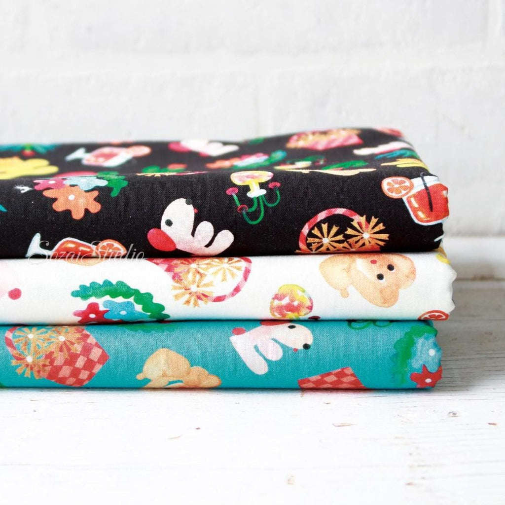 Japanese fabric - Retro style Picnic dog, White - 100% Cotton Printed Sheeting, by the yard