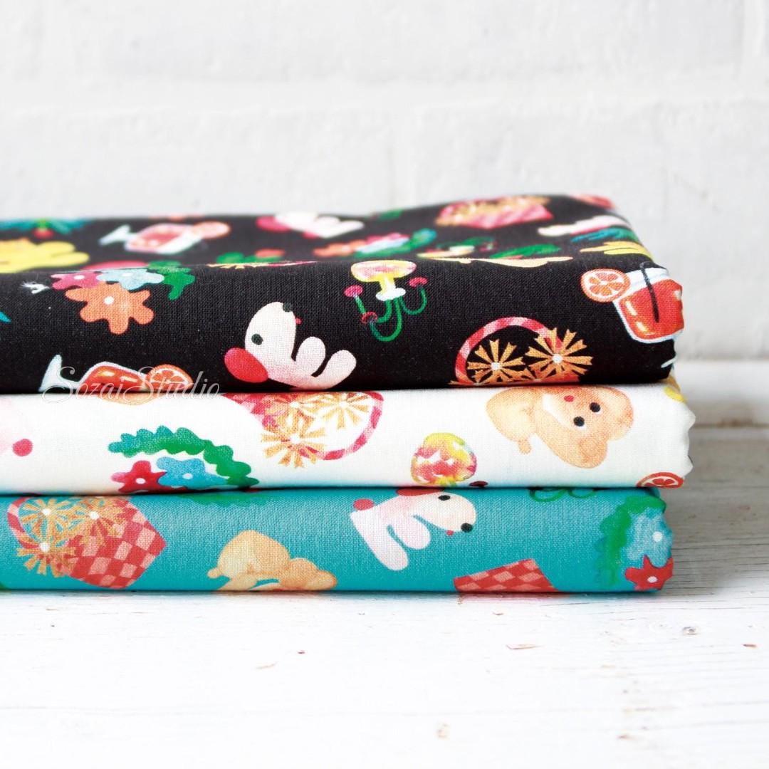 Japanese fabric - Retro style Picnic dog, White - 100% Cotton Printed Sheeting, by the yard