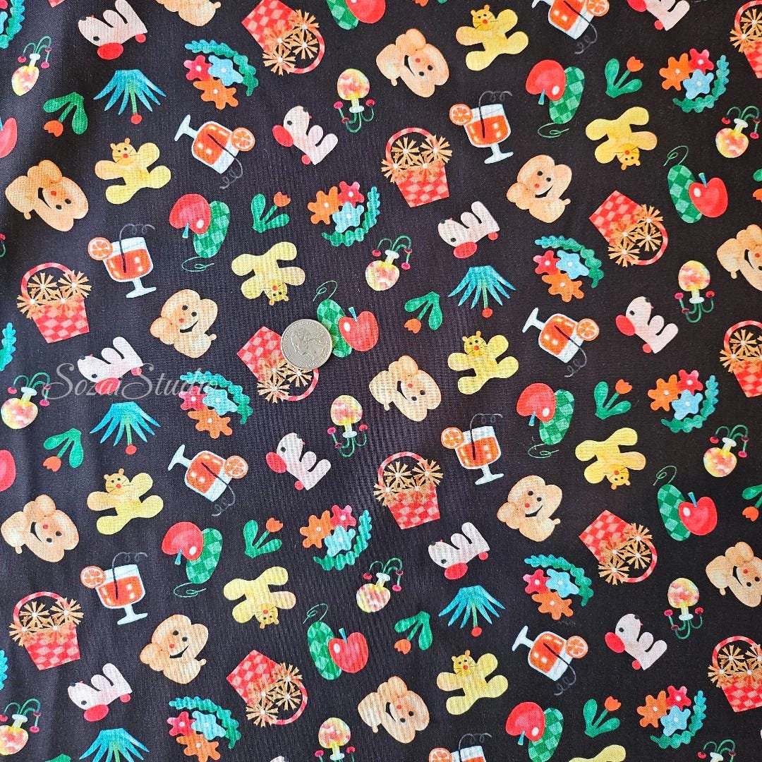 Japanese fabric - Retro style Picnic dog, Black - 100% Cotton Printed Sheeting, by the yard