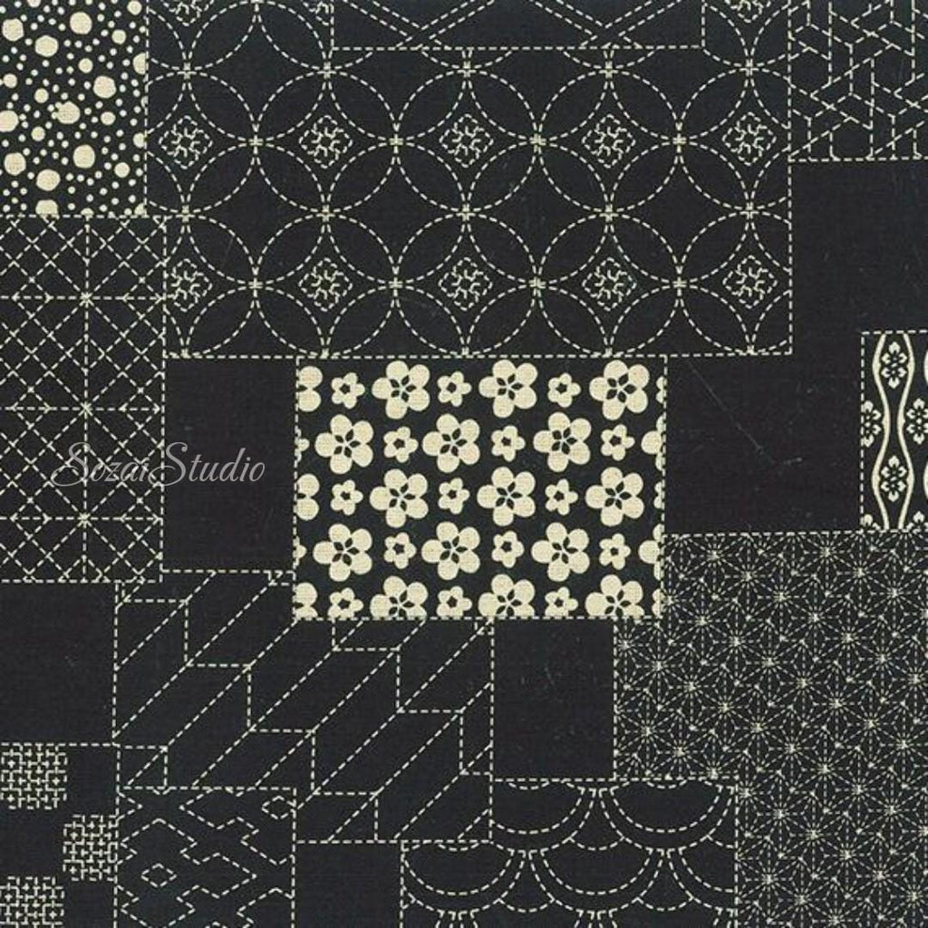 1 Yard Japanese Takumi fabric, Sashiko Patterns, Black - 100% cotton