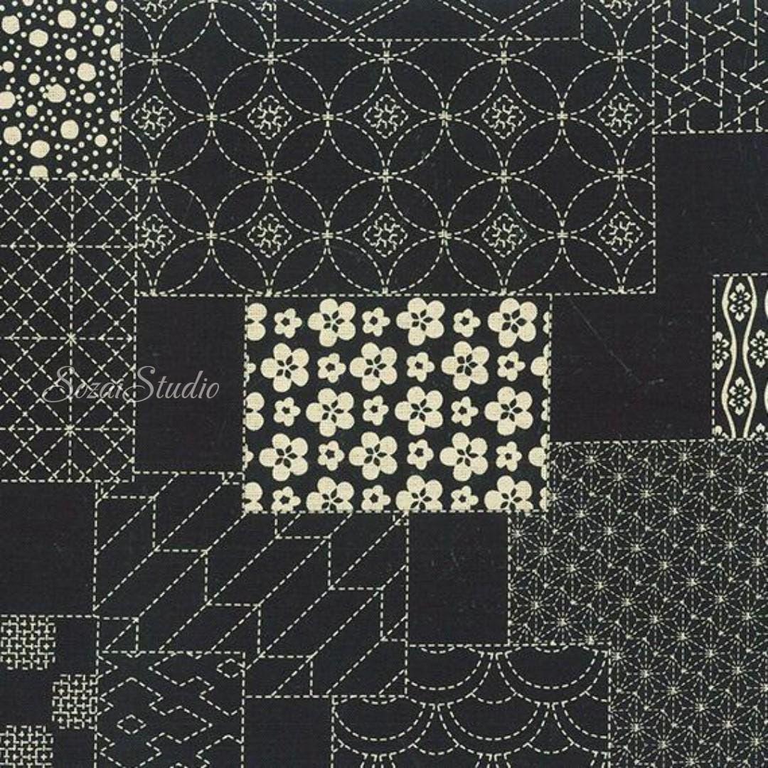 1 Yard Japanese Takumi fabric, Sashiko Patterns, Black - 100% cotton