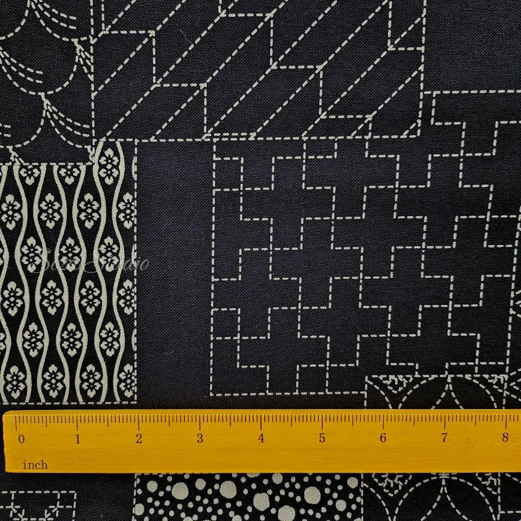1 Yard Japanese Takumi fabric, Sashiko Patterns, Black - 100% cotton