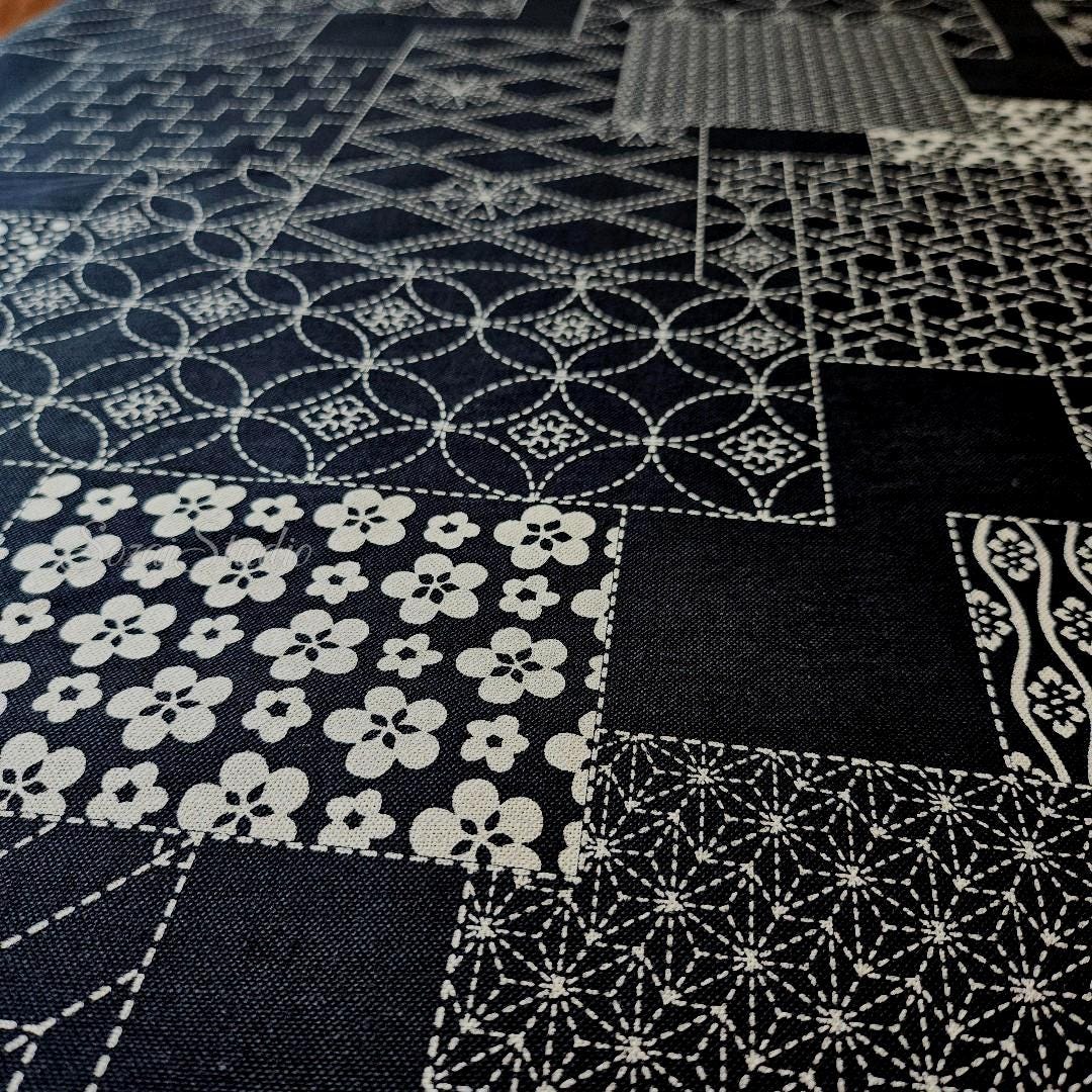 1 Yard Japanese Takumi fabric, Sashiko Patterns, Black - 100% cotton