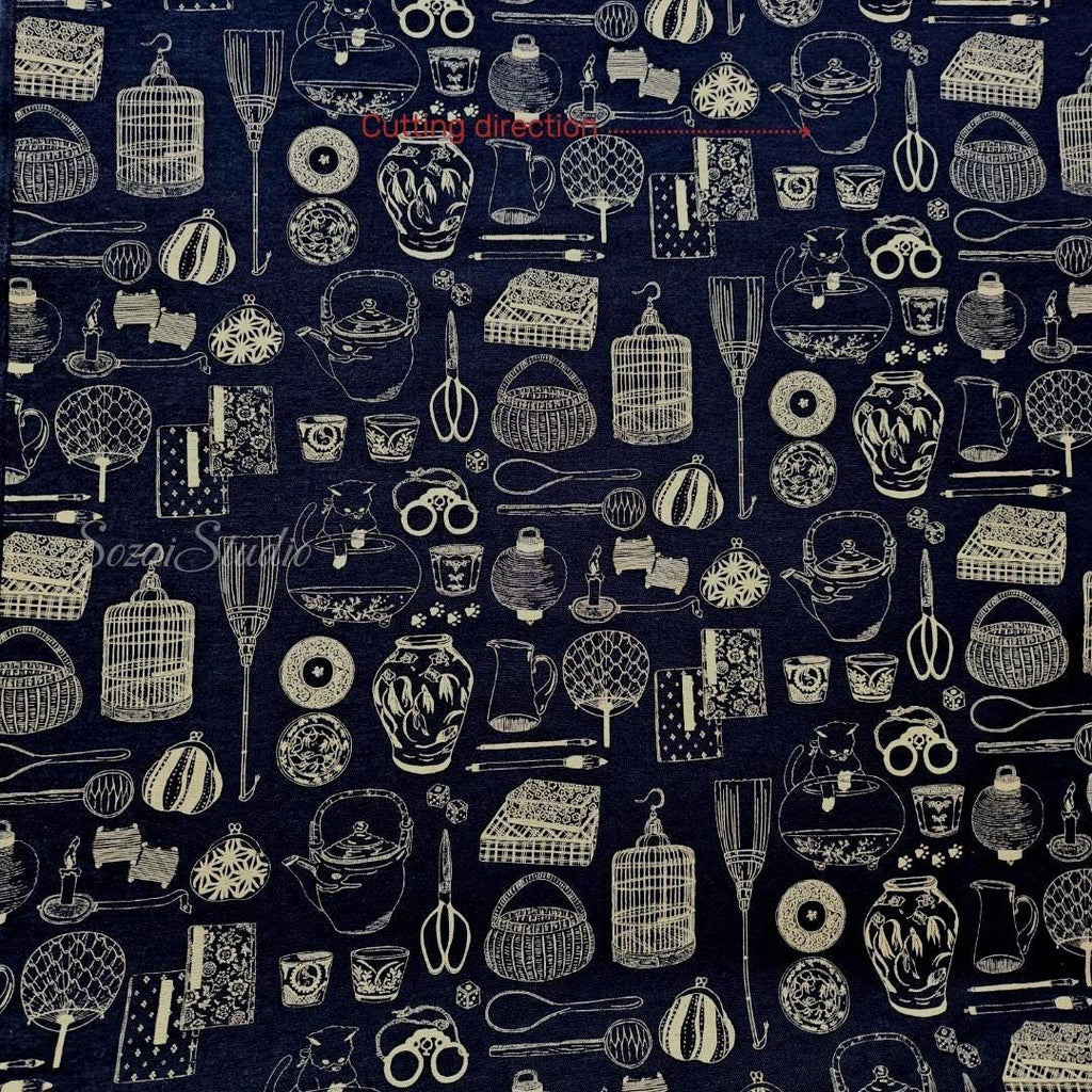 Japanese fabric - Traditional Household Items, Denim Blue - 100% Cotton Sheeting, by the yard
