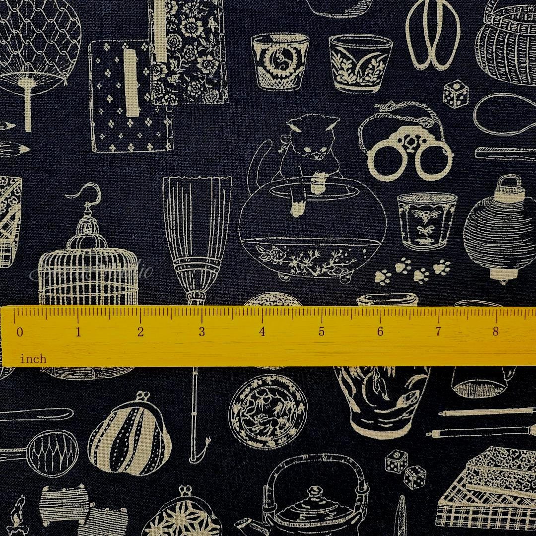 Japanese fabric - Traditional Household Items, Denim Blue - 100% Cotton Sheeting, by the yard