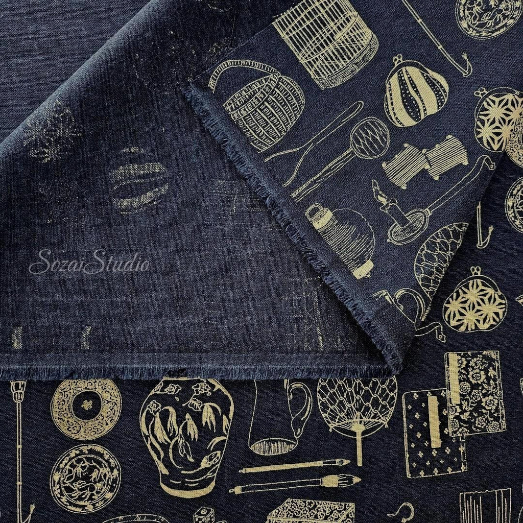 Japanese fabric - Traditional Household Items, Denim Blue - 100% Cotton Sheeting, by the yard
