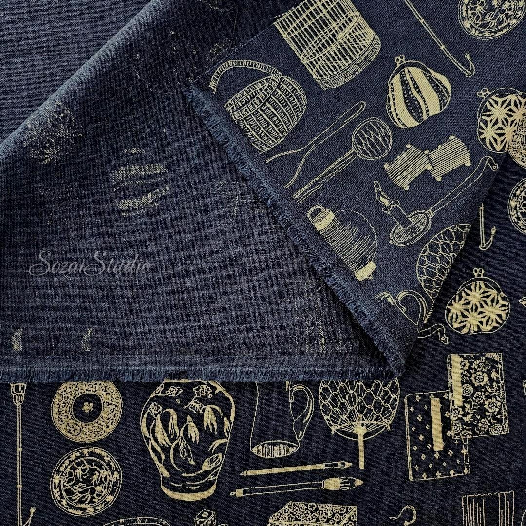 Japanese fabric - Traditional Household Items, Denim Blue - 100% Cotton Sheeting, by the yard