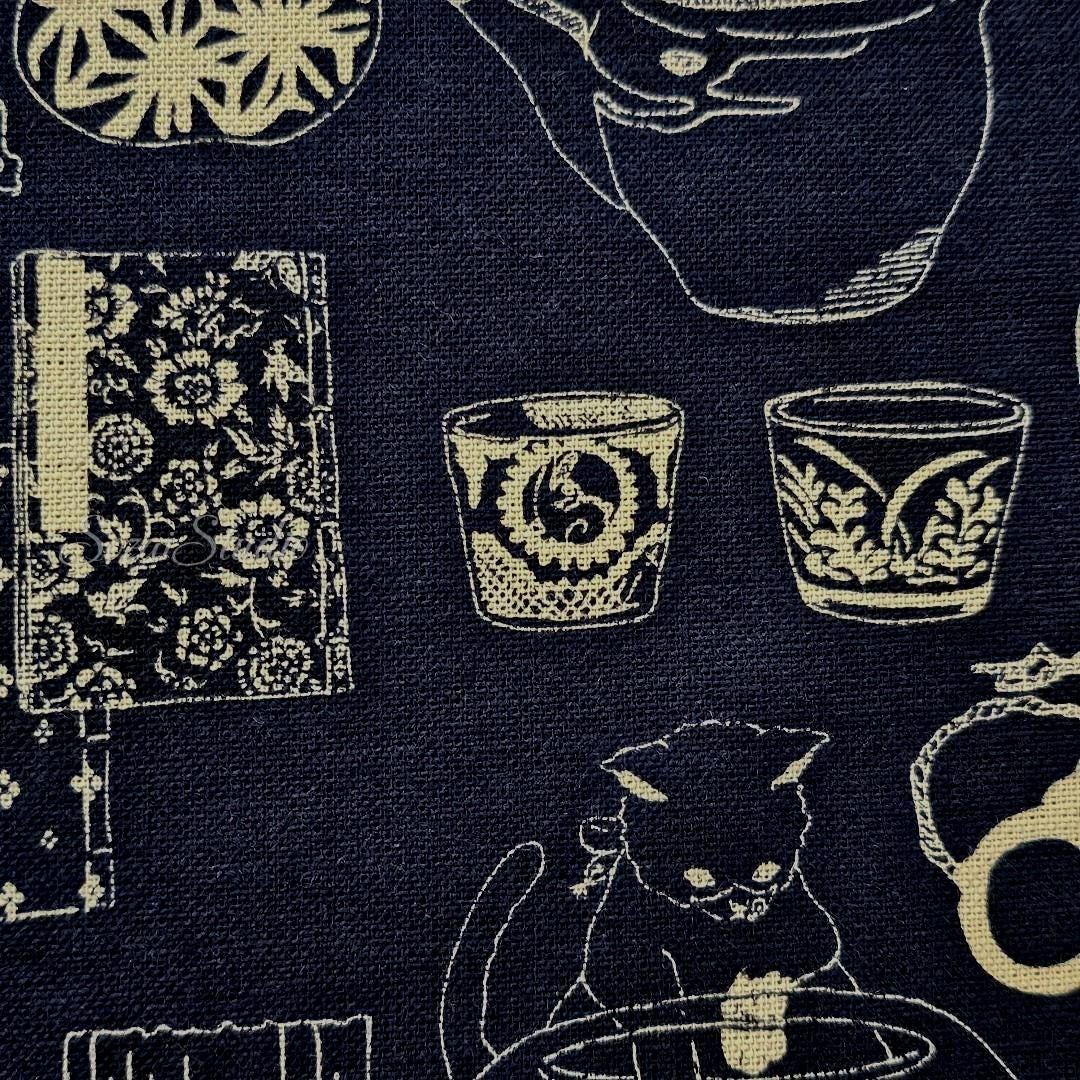 Japanese fabric - Traditional Household Items, Denim Blue - 100% Cotton Sheeting, by the yard