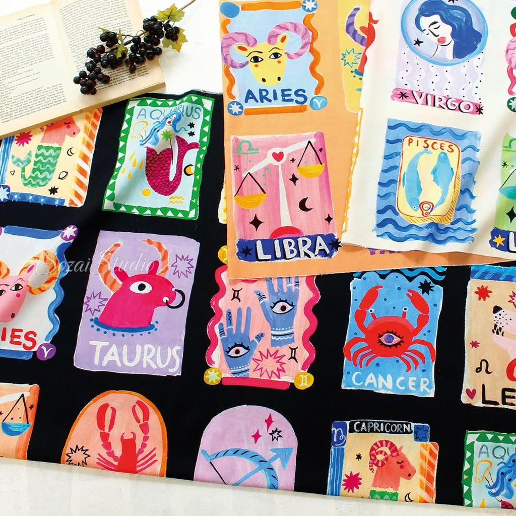 1 Yard Japan imported, Zodiac Cotton Fabric: Black Digital Print, Playful Design