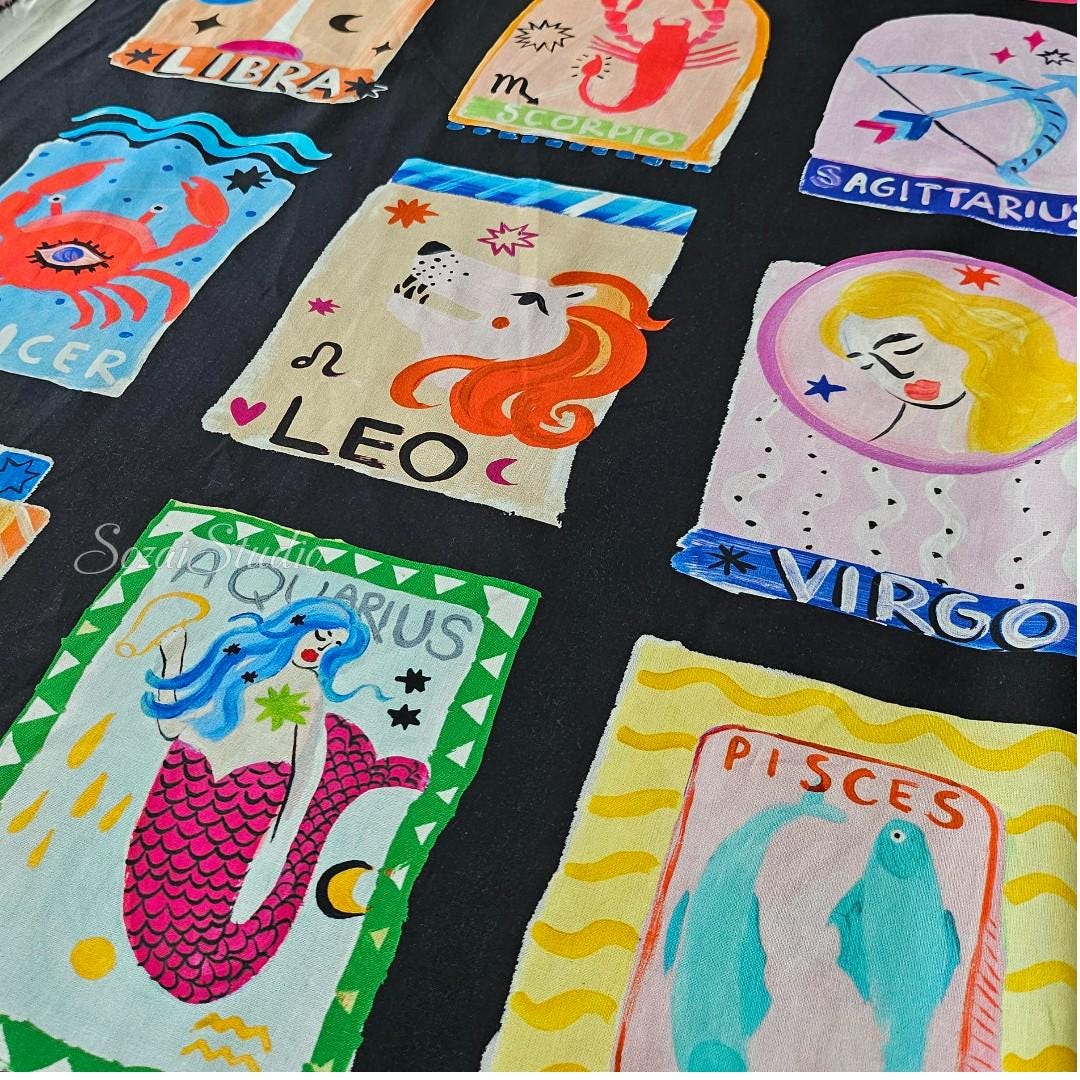 1 Yard Japan imported, Zodiac Cotton Fabric: Black Digital Print, Playful Design