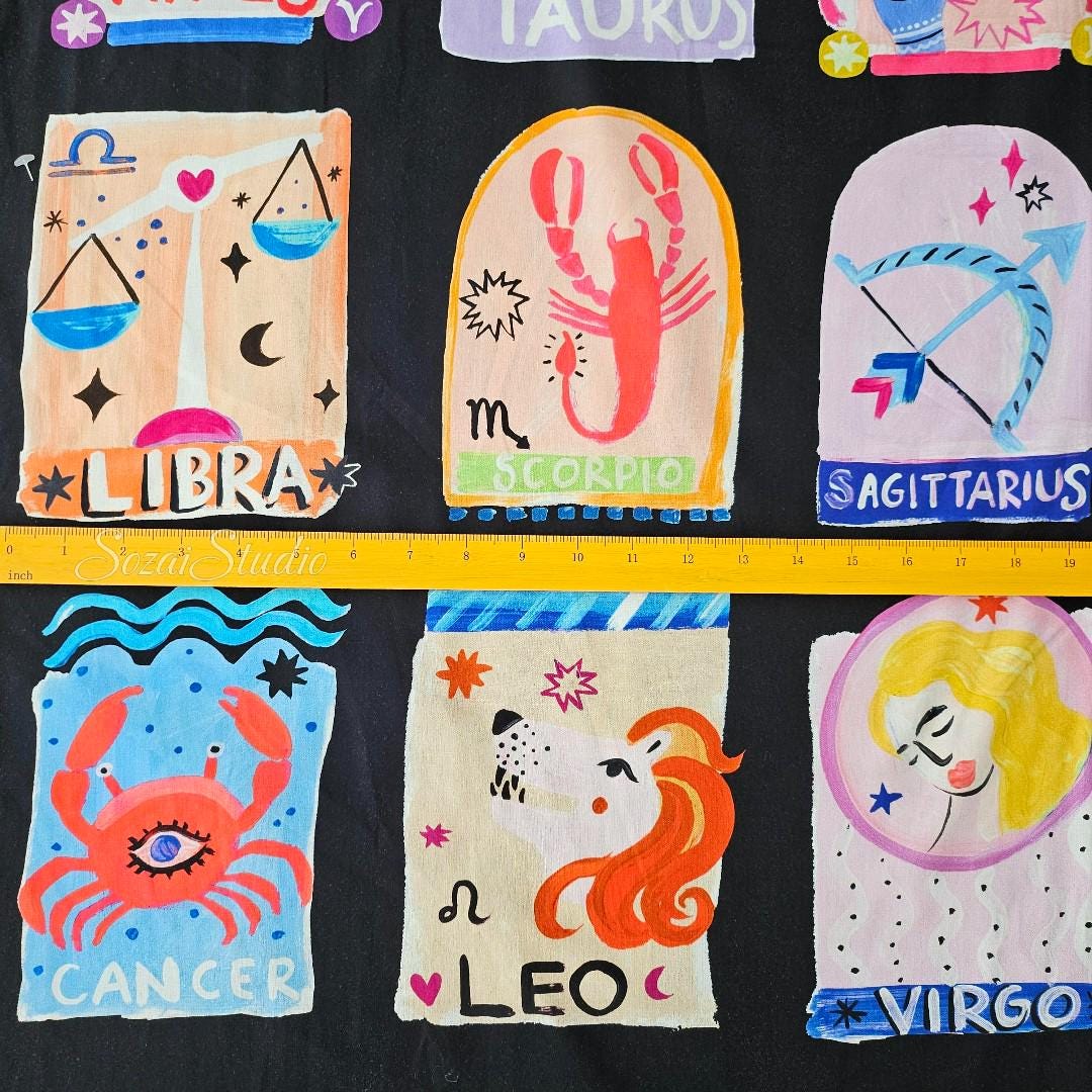 1 Yard Japan imported, Zodiac Cotton Fabric: Black Digital Print, Playful Design