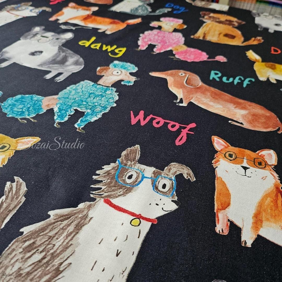 Japanese fabric - Adorable Paws Gathering, Black - 100% Cotton Square (Digital Print), by the yard