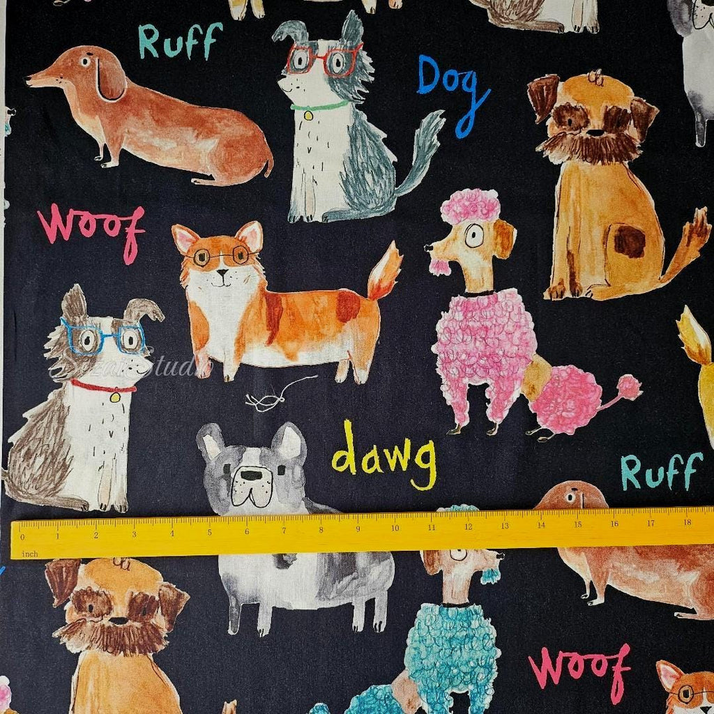 Japanese fabric - Adorable Paws Gathering, Black - 100% Cotton Square (Digital Print), by the yard