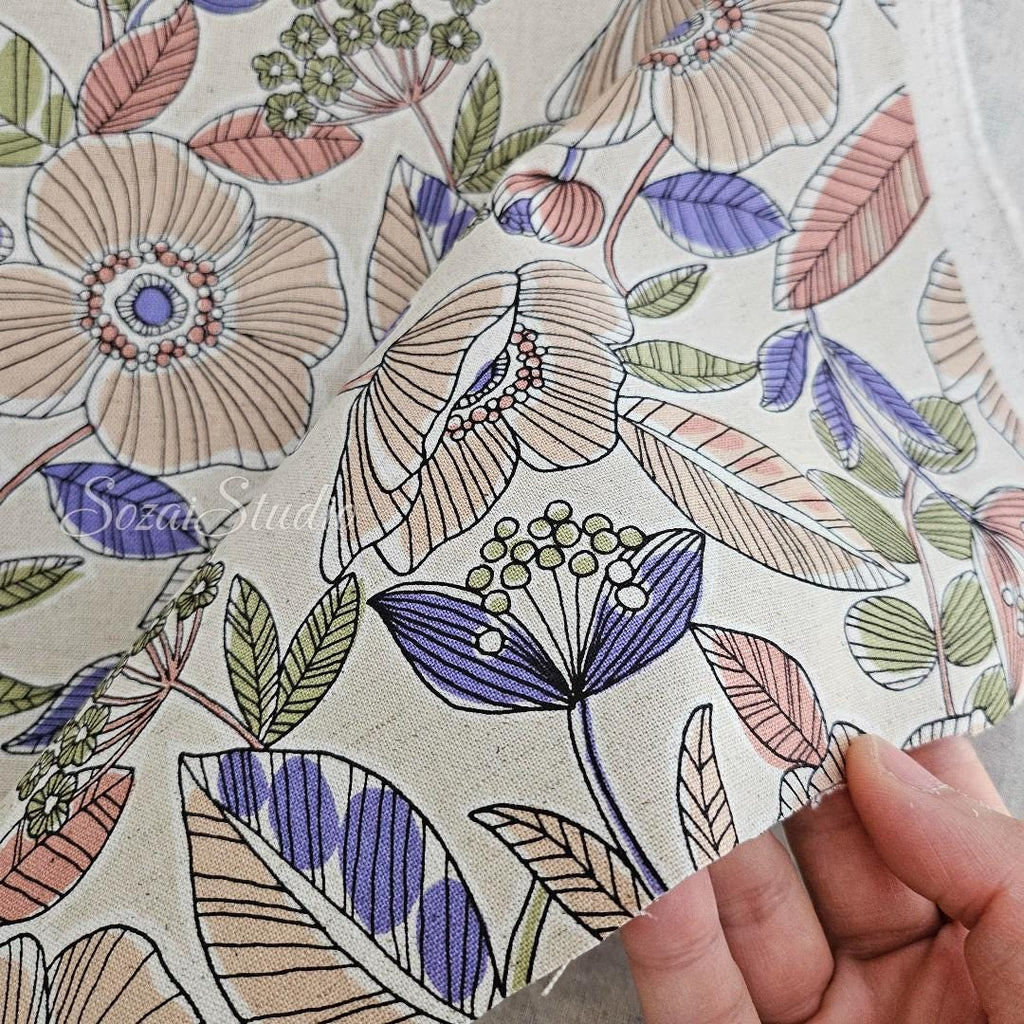 1 Yard Japanese fabric - Botanical flower, Beige, Pink leaf - Linen Blend Canvas