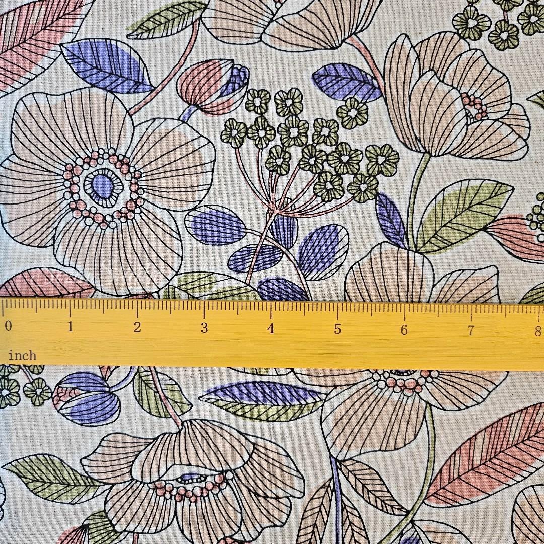 1 Yard Japanese fabric - Botanical flower, Beige, Pink leaf - Linen Blend Canvas