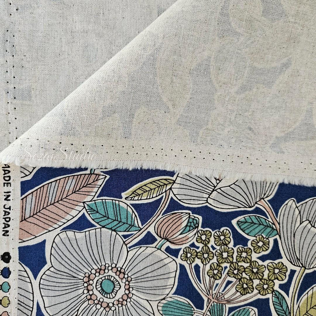 1 Yard Japanese fabric - Botanical flower, Blue - Linen Blend Canvas