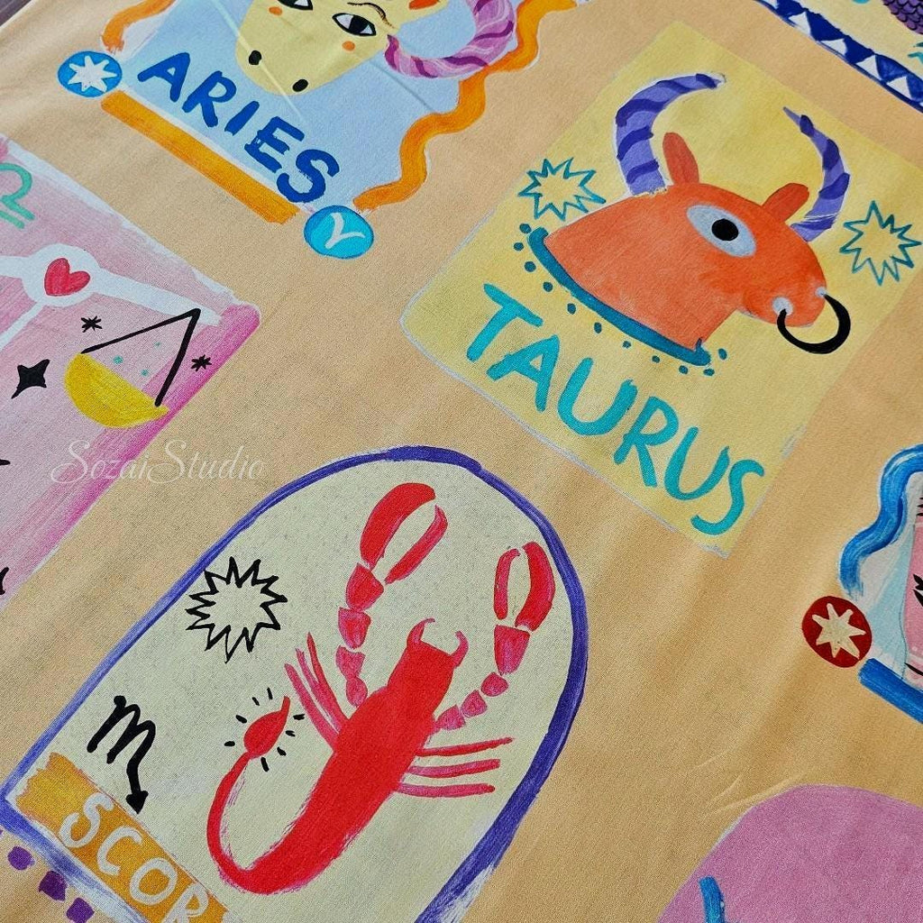 Japanese Zodiac Cotton Digital Print Fabric: Orange, by the yard