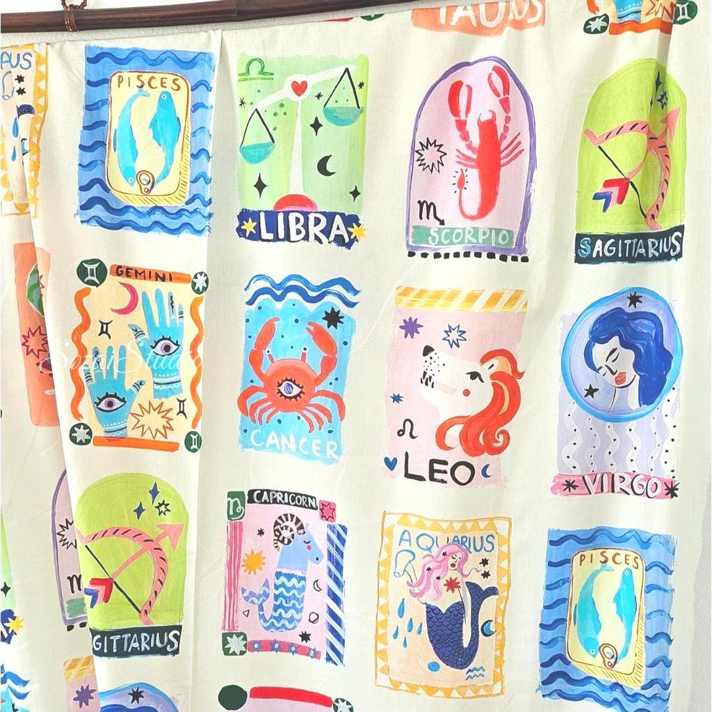 Japanese Zodiac Fabric: Cream Cotton Digital Print - by yard