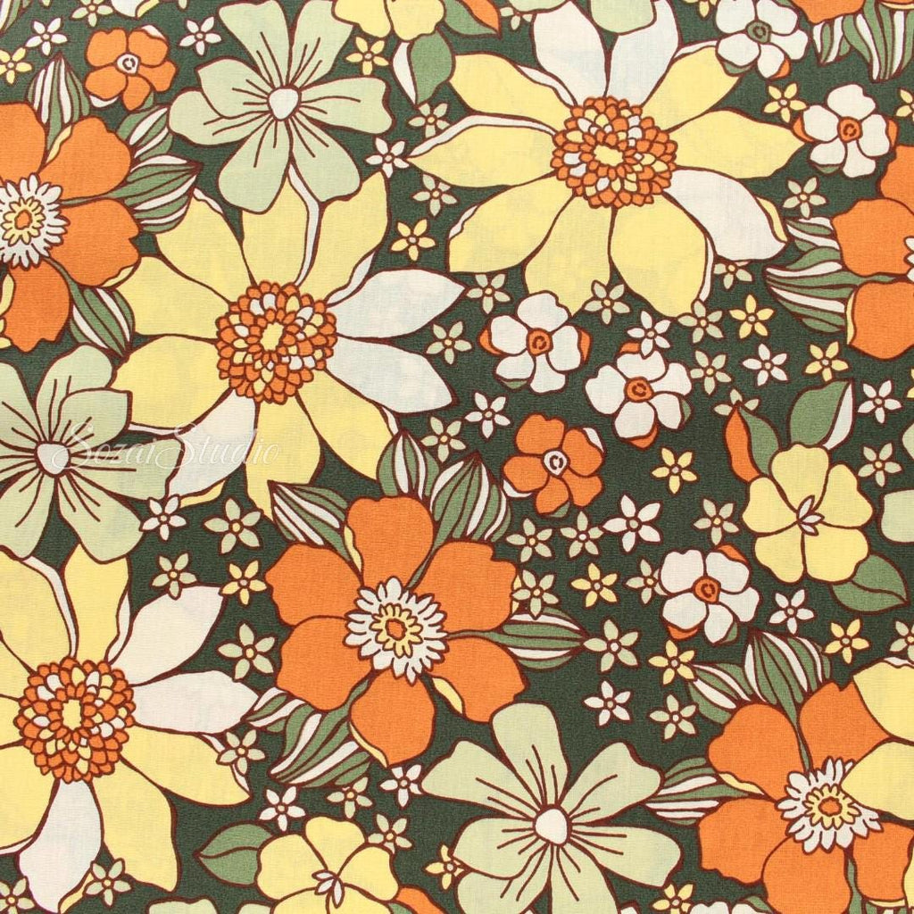 Large Botanical Flower, Floral Khaki - 100% Cotton Printed, by the yard