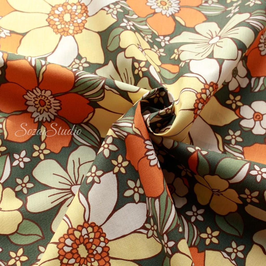 Large Botanical Flower, Floral Khaki - 100% Cotton Printed, by the yard