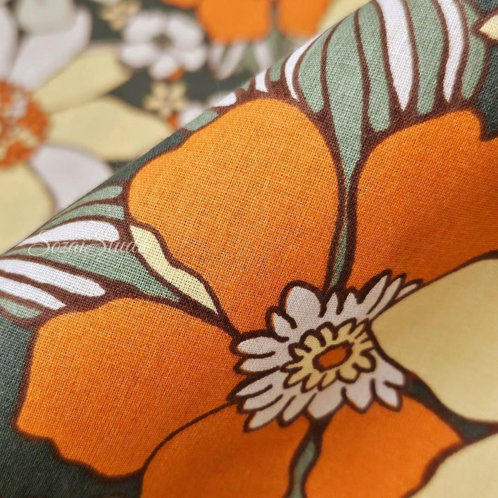 Large Botanical Flower, Floral Khaki - 100% Cotton Printed, by the yard