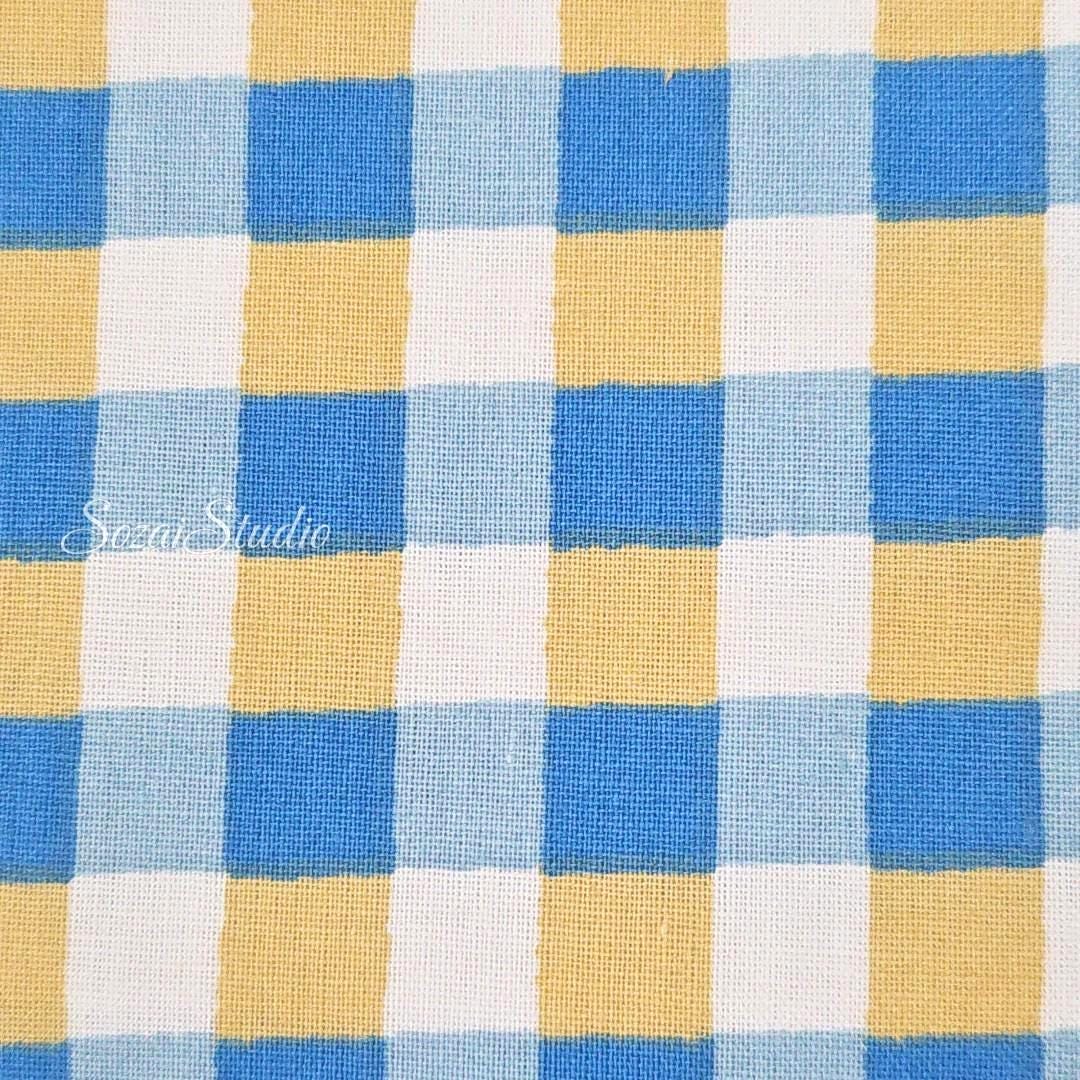 Checkered Print (Gingham check), Blue x Yellow - 100% Cotton Sheeting (Printed) - by the yard