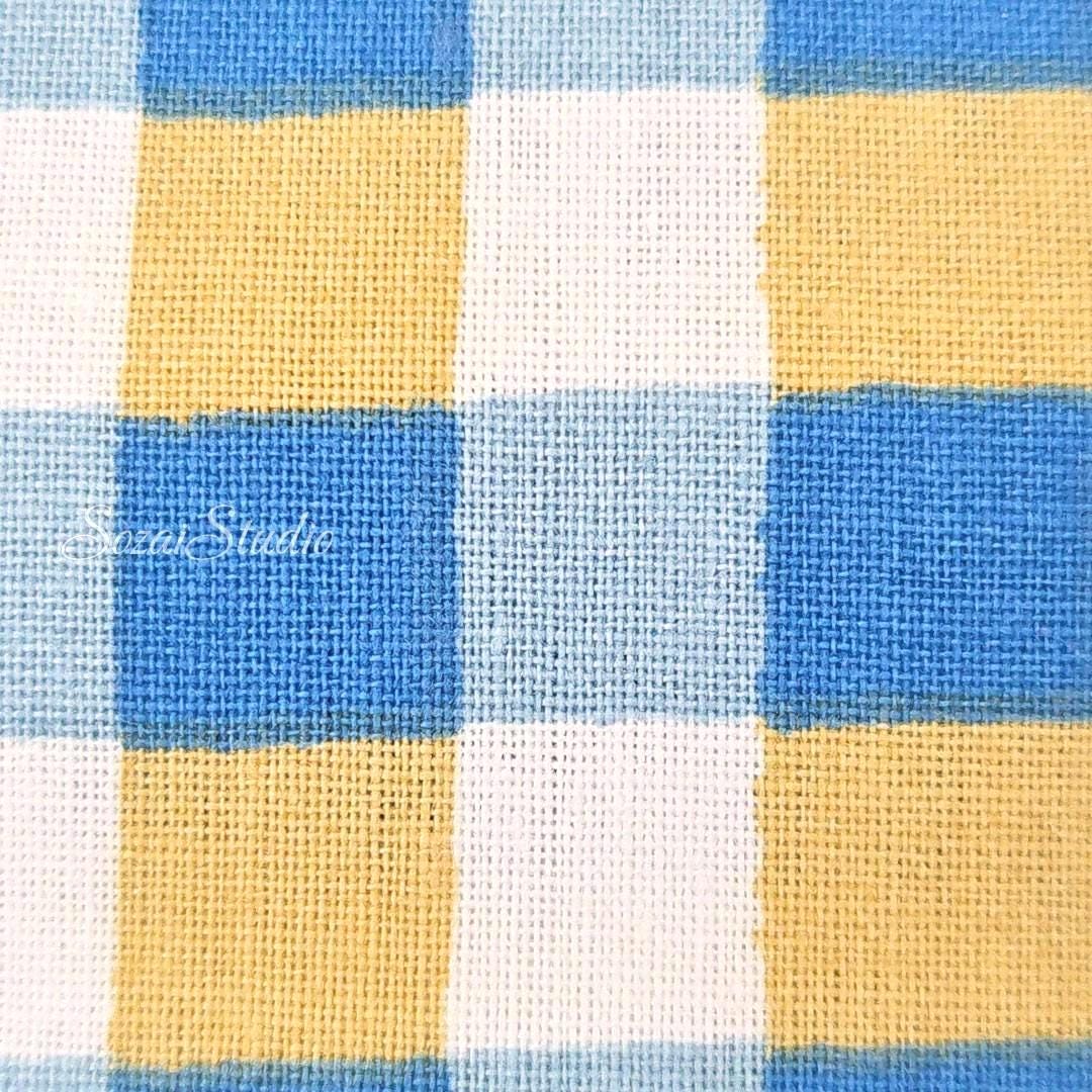 Checkered Print (Gingham check), Blue x Yellow - 100% Cotton Sheeting (Printed) - by the yard