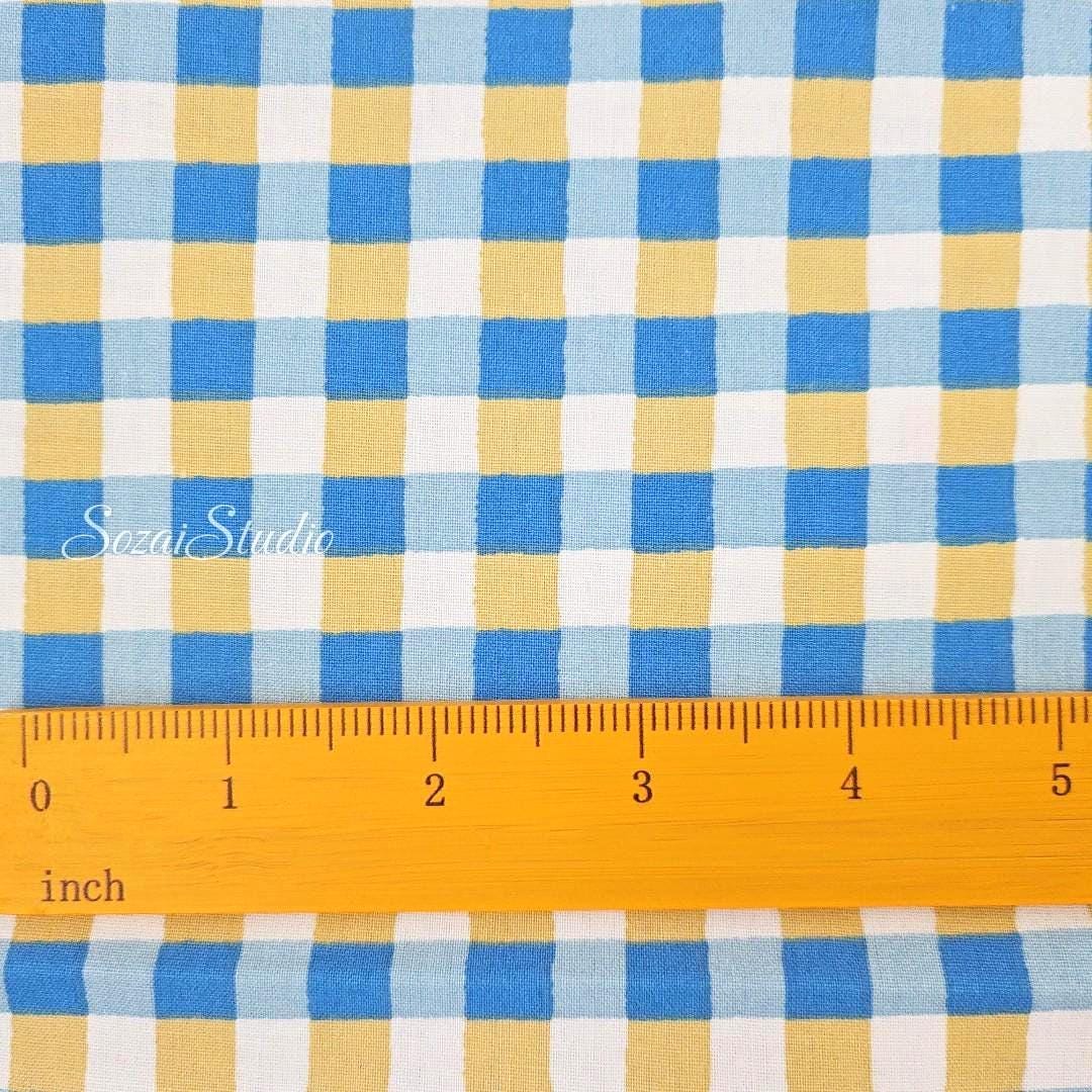 Checkered Print (Gingham check), Blue x Yellow - 100% Cotton Sheeting (Printed) - by the yard