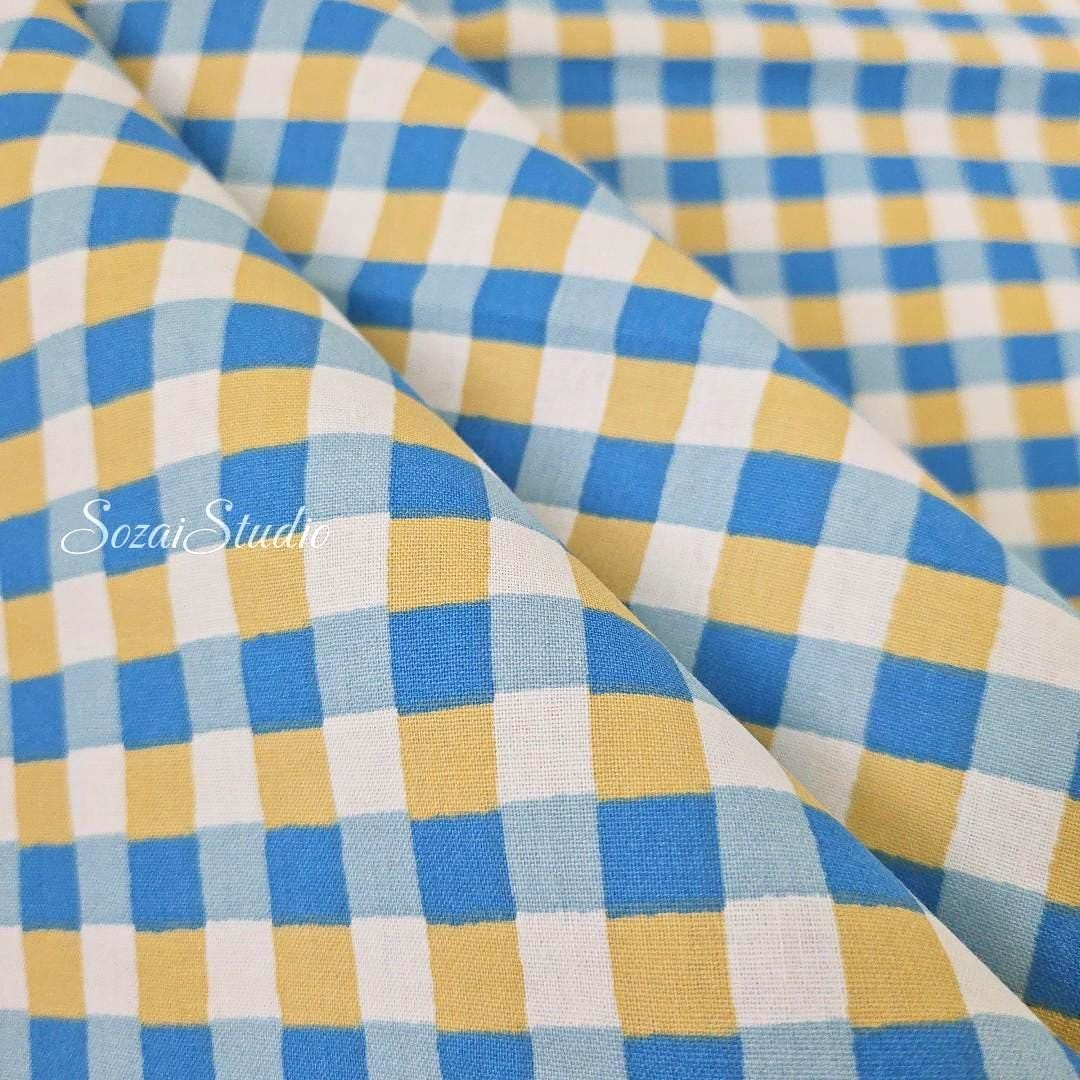 Checkered Print (Gingham check), Blue x Yellow - 100% Cotton Sheeting (Printed) - by the yard