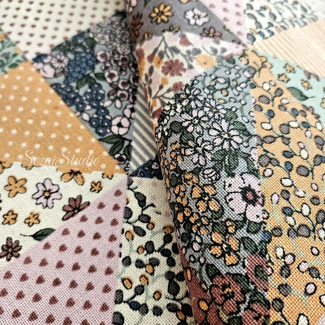 Retro Flowers Patchwork style - Mixed color - Cotton Poly Canvas, Digital Print - by the yard