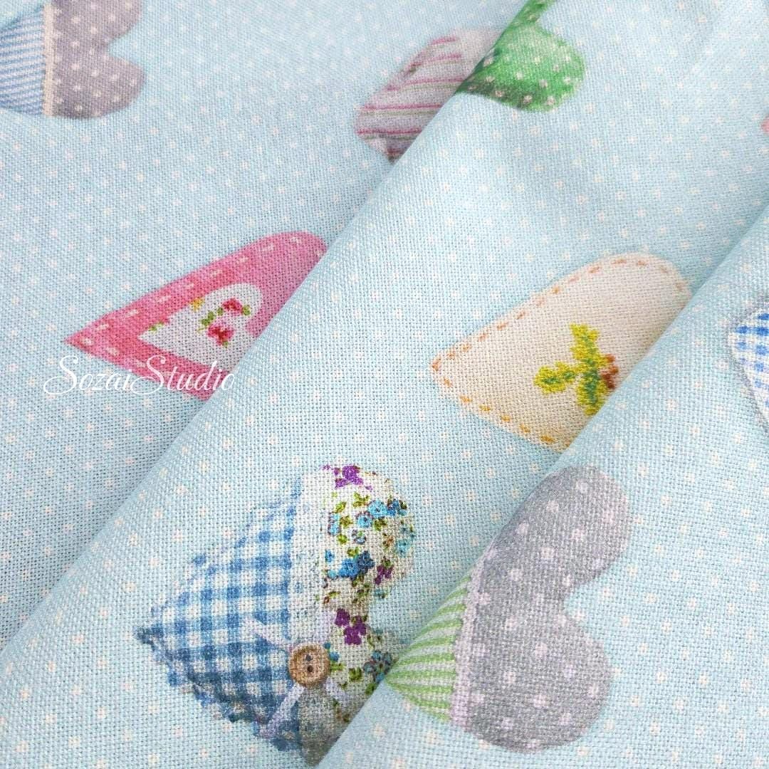 Light Blue Heart Pattern Cotton Canvas Fabric: Digital Print - by the yard