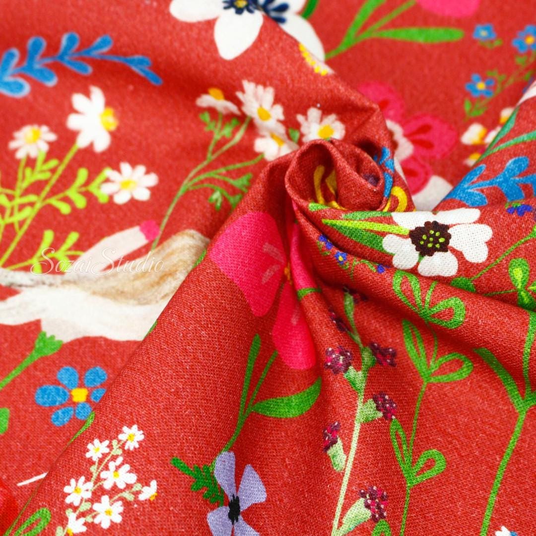 Blooming Flowers and Little Birds - Red - 100% Cotton Canvas, Digital Print - by the yard