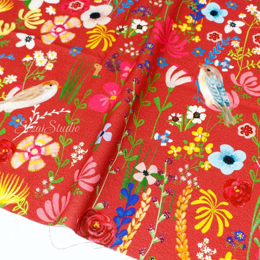 Blooming Flowers and Little Birds - Red - 100% Cotton Canvas, Digital Print - by the yard