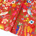 Blooming Flowers and Little Birds - Red - 100% Cotton Canvas, Digital Print - by the yard