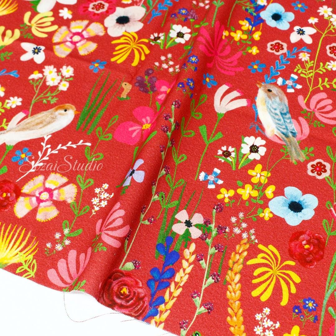 Blooming Flowers and Little Birds - Red - 100% Cotton Canvas, Digital Print - by the yard