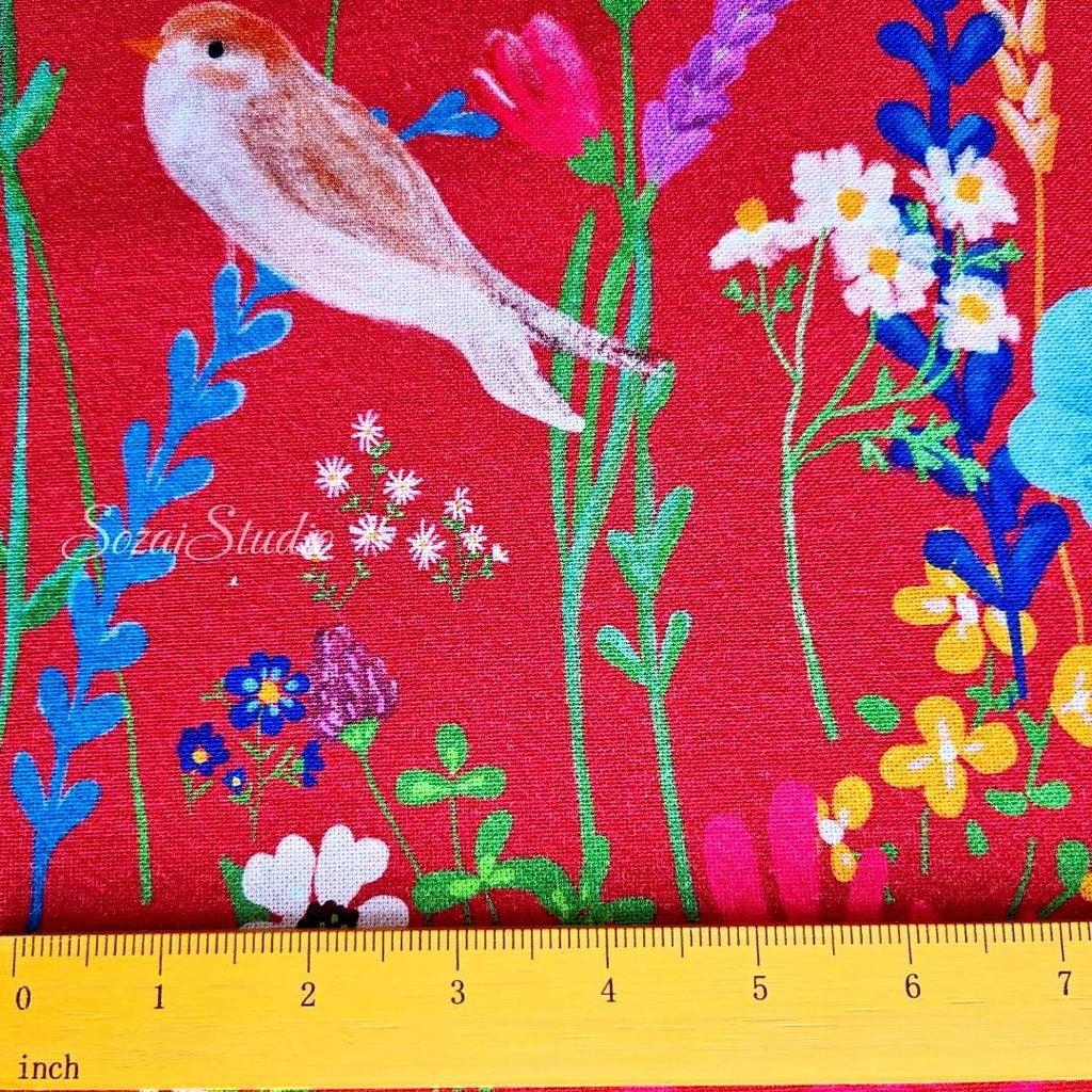 Blooming Flowers and Little Birds - Red - 100% Cotton Canvas, Digital Print - by the yard