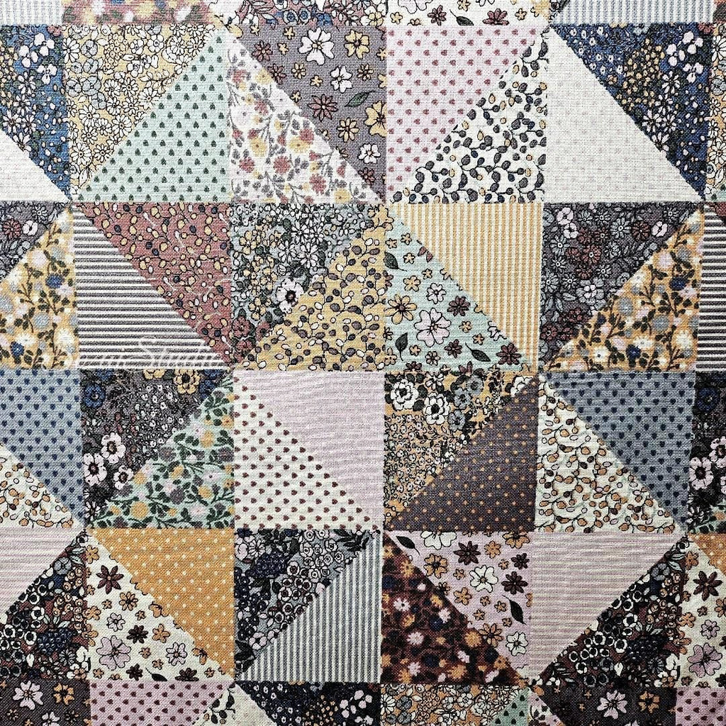 Retro Flowers Patchwork style - Mixed color - Cotton Poly Canvas, Digital Print - by the yard