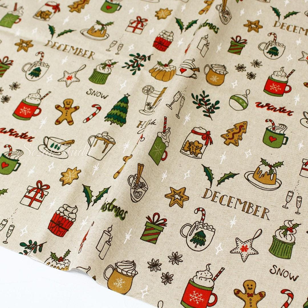 December & Christmas Vibe - Beige - Cotton Poly Canvas, Digital Print - by the yard