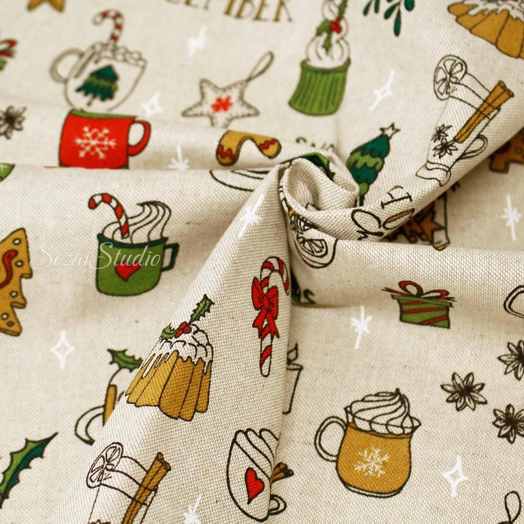 December & Christmas Vibe - Beige - Cotton Poly Canvas, Digital Print - by the yard