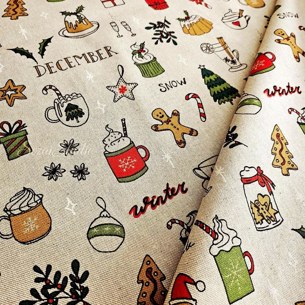 December & Christmas Vibe - Beige - Cotton Poly Canvas, Digital Print - by the yard