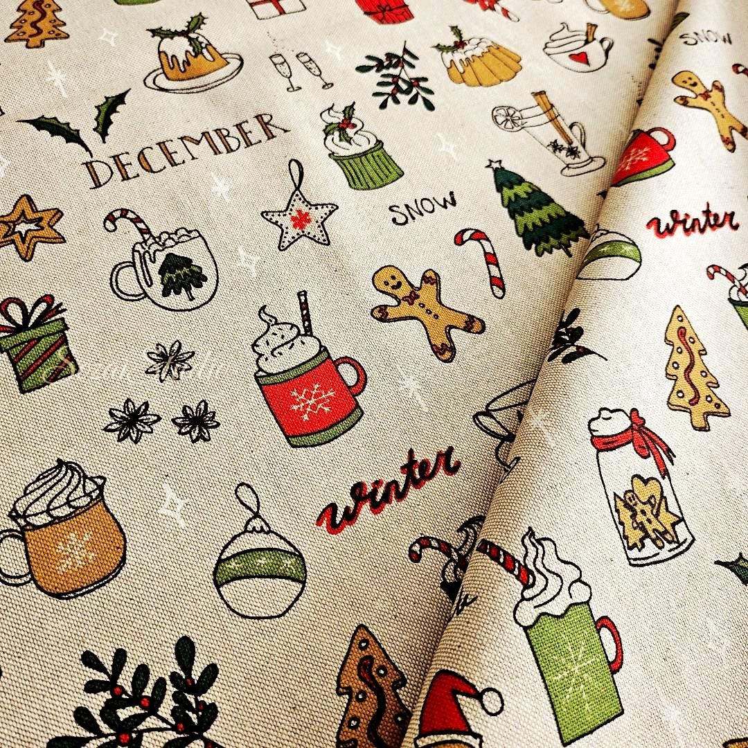 December & Christmas Vibe - Beige - Cotton Poly Canvas, Digital Print - by the yard