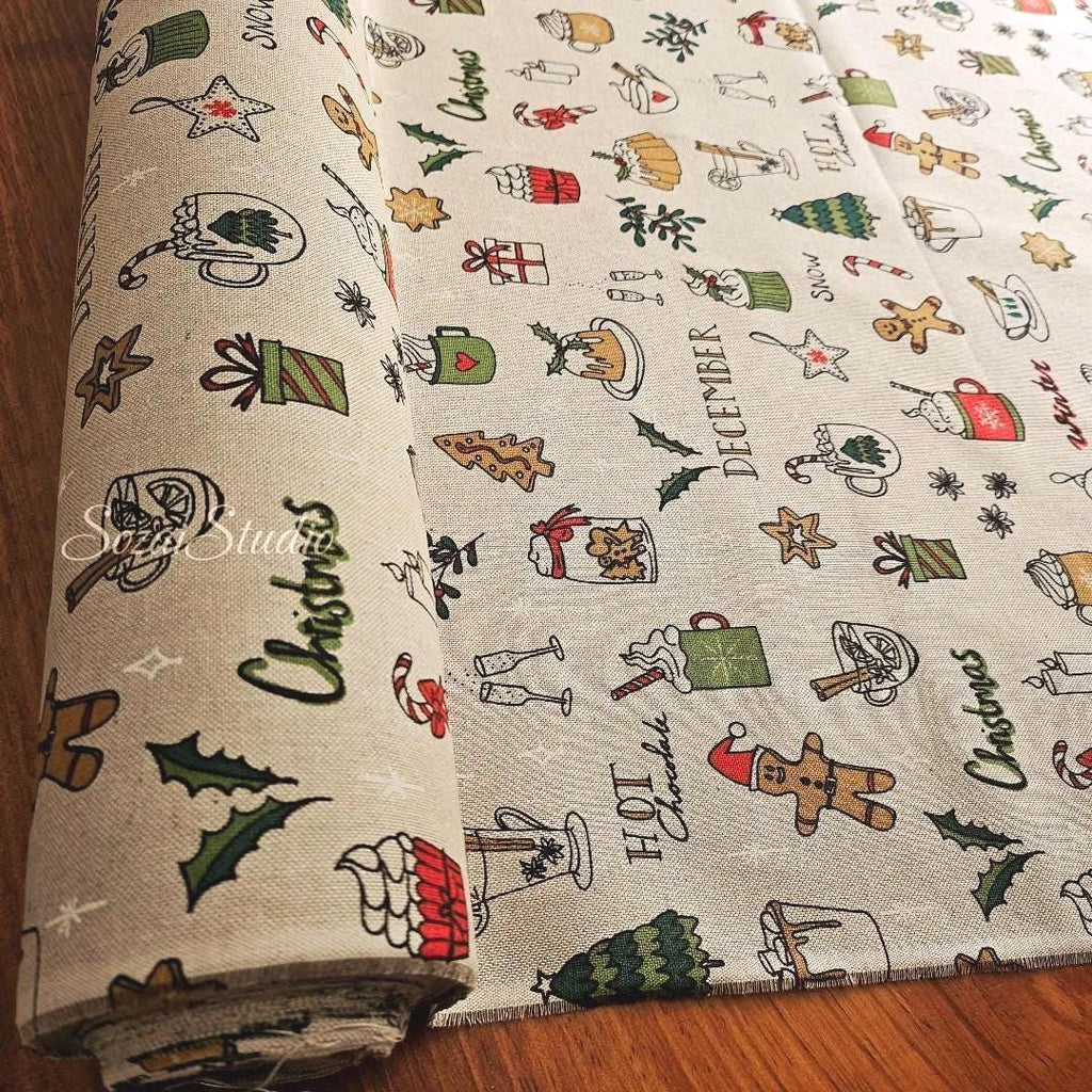 December & Christmas Vibe - Beige - Cotton Poly Canvas, Digital Print - by the yard