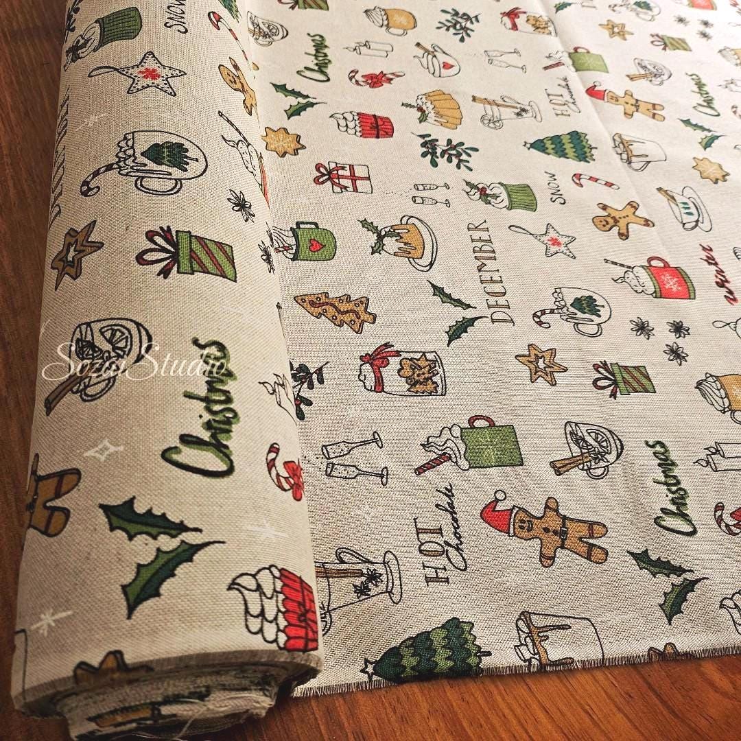 December & Christmas Vibe - Beige - Cotton Poly Canvas, Digital Print - by the yard