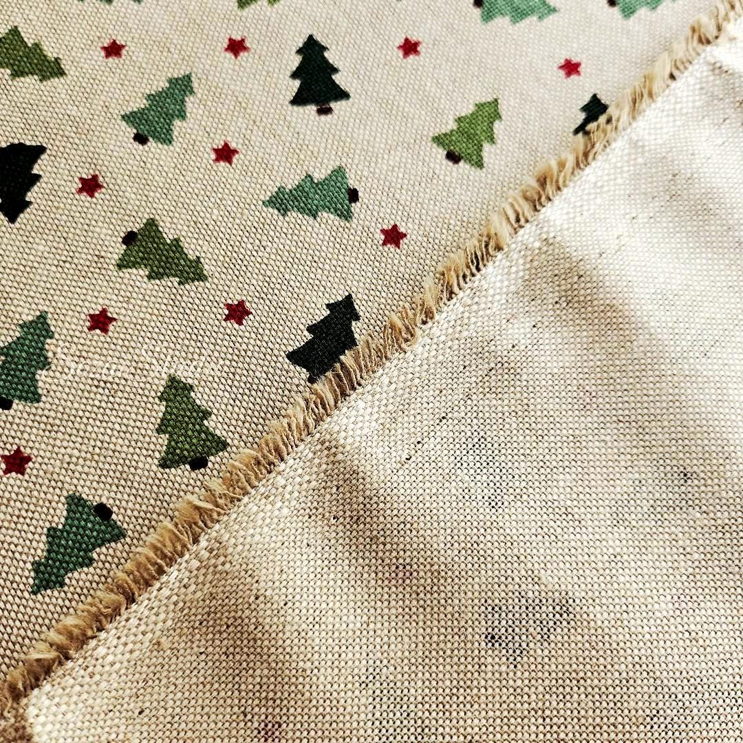 Cozy Christmas Tree and Star - Beige - Cotton Poly Canvas, Digital Print - by the yard