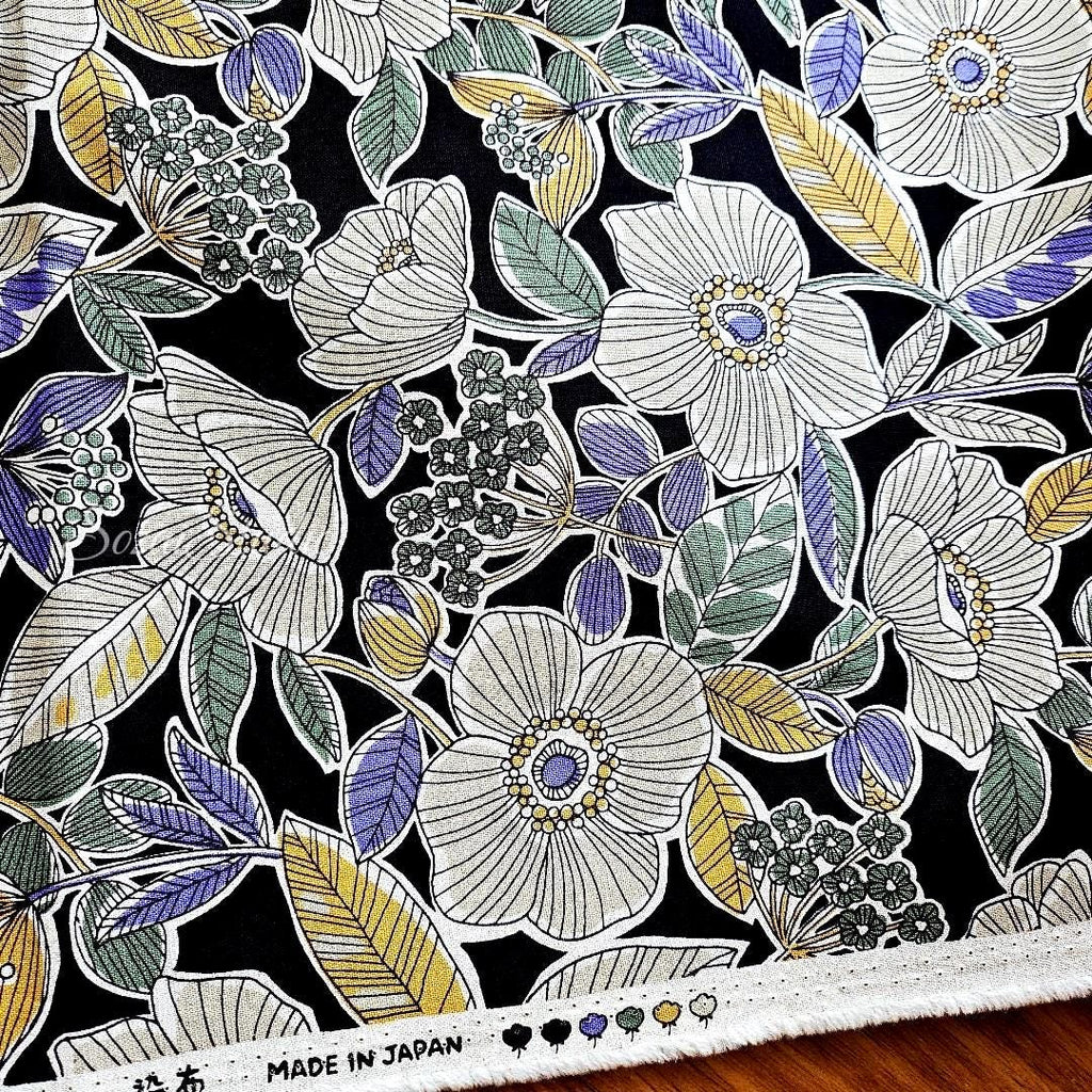 Japanese fabric - Botanical flower, Black - Linen Blend Canvas, by the yard