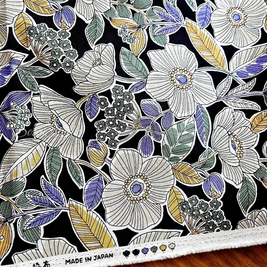 Japanese fabric - Botanical flower, Black - Linen Blend Canvas, by the yard