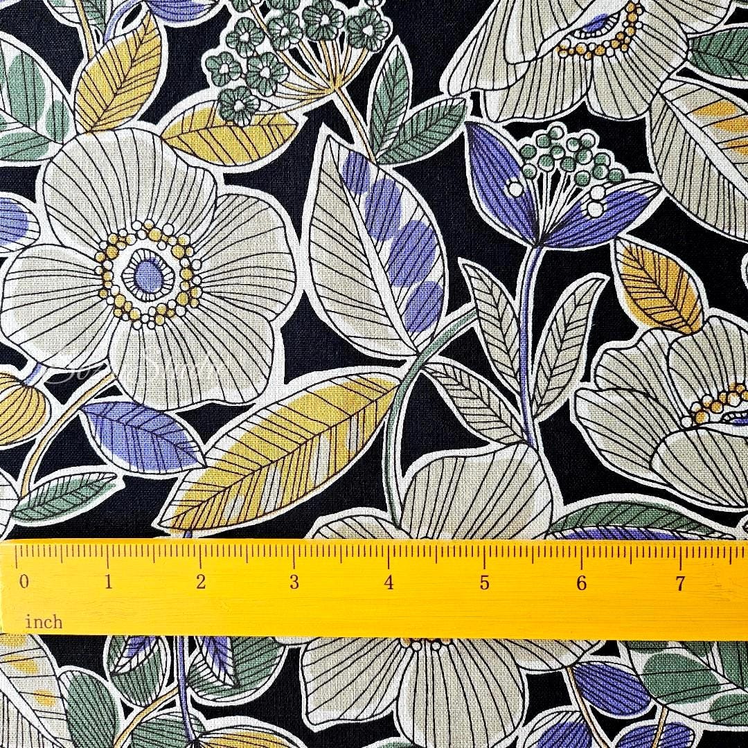 Japanese fabric - Botanical flower, Black - Linen Blend Canvas, by the yard